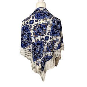 Lands End Blue & Cream Paisley Print Square  Boho Style Scarf Cape Shoulder